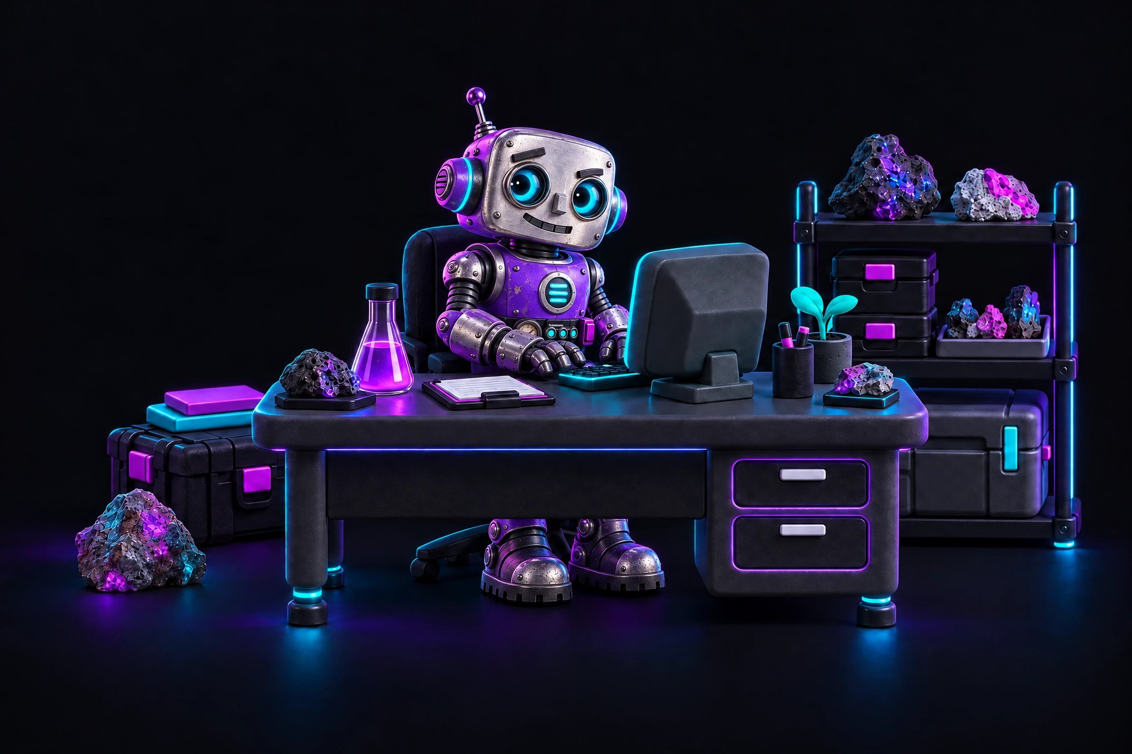G, the expressive retro AI field robot, planning the next move at an analog laboratory desk